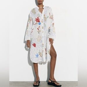 Embroidered Zara White Long Shirt Cover-Up, M